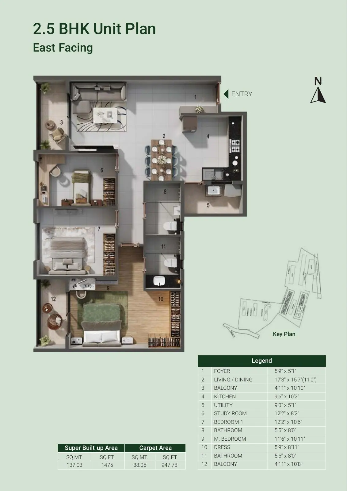 Adarsh Parkland Phase 2 2.5 BHK east-facing unit plan