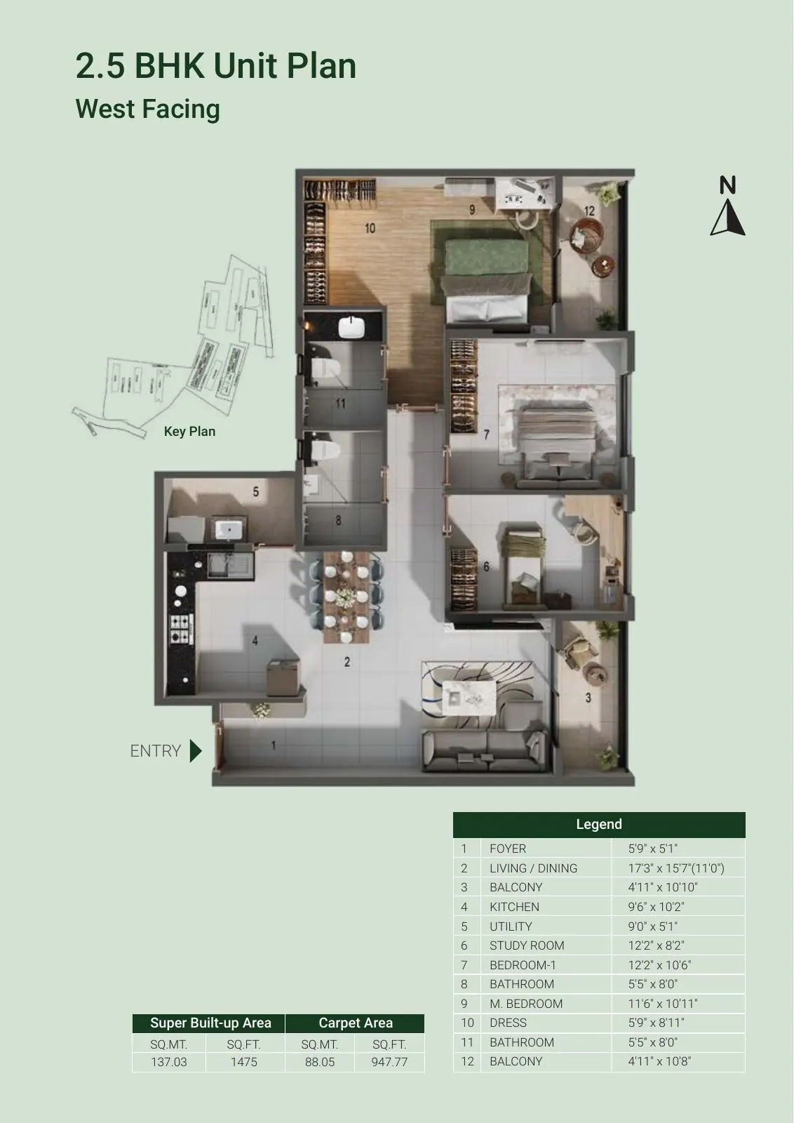 Adarsh Parkland Phase 2 2.5 BHK west-facing unit plan
