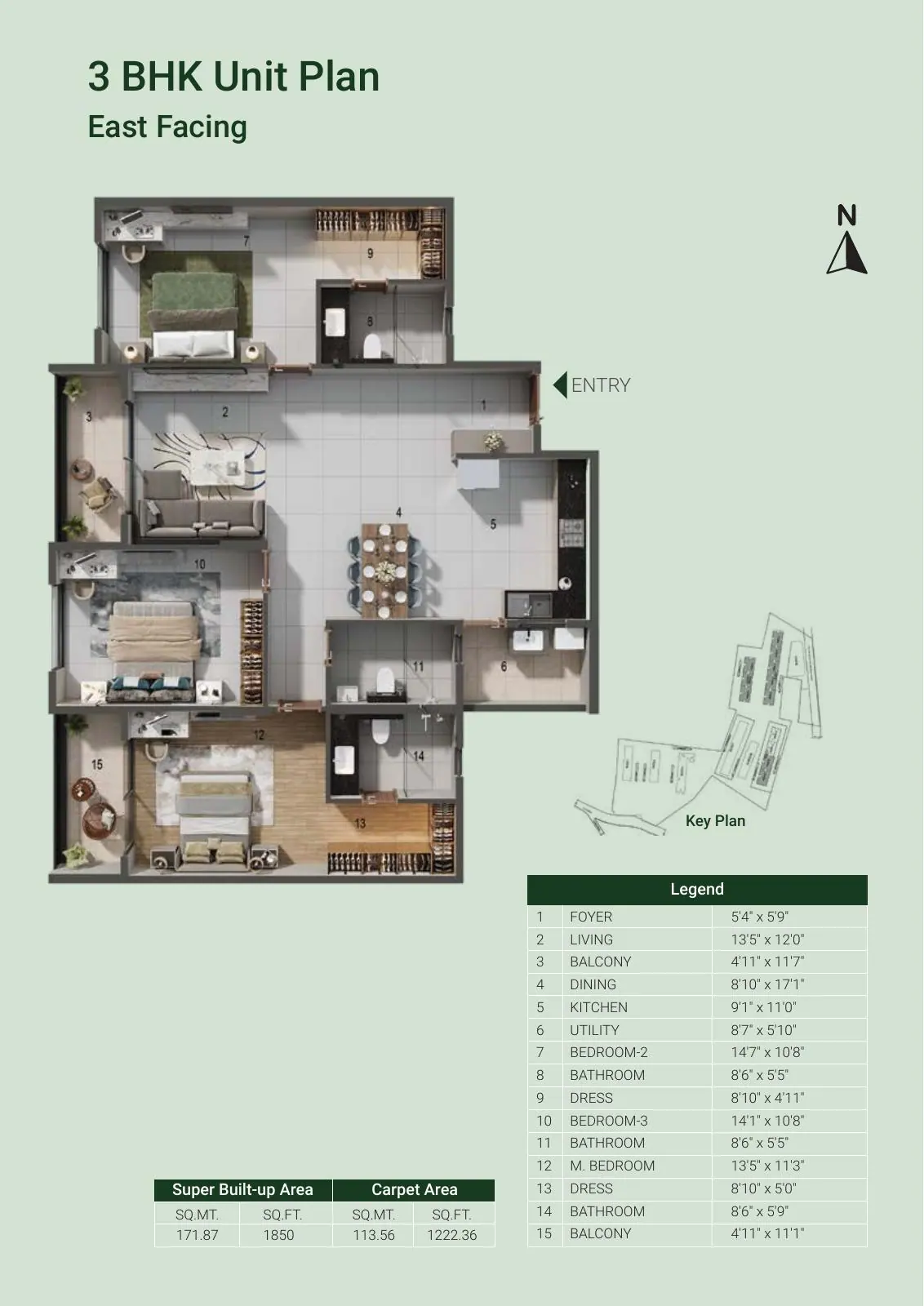 Adarsh Parkland Phase 2 3 BHK unit plan
