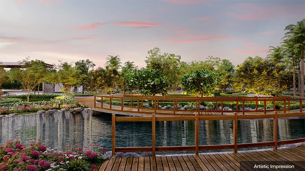 Forest lounge deck over the water garden at Adarsh Parkland