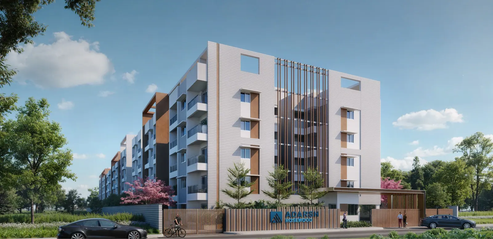 Street-side exterior render of Adarsh Rosewood