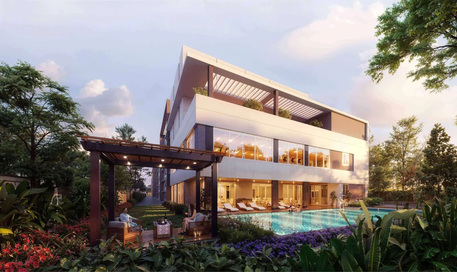 Clubhouse and pool render at Adarsh Rosewood, Bellandur
