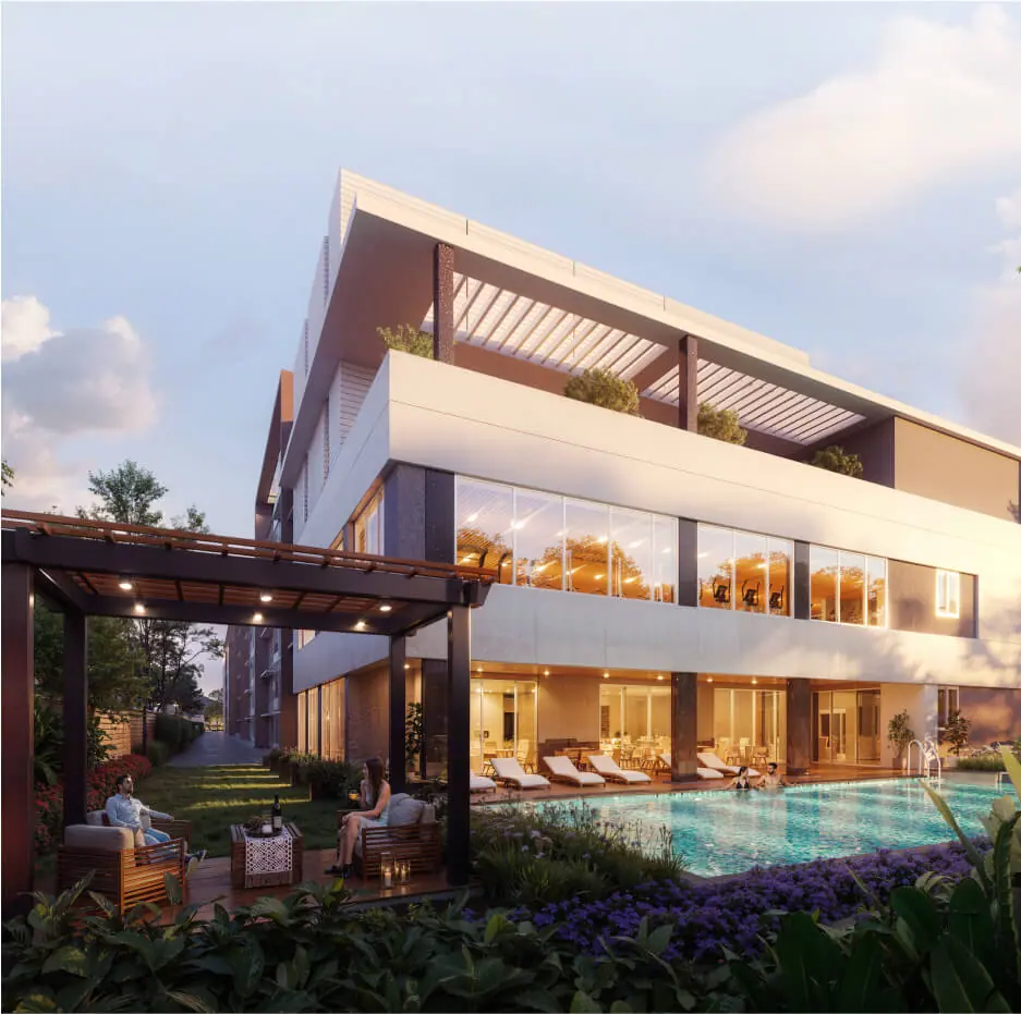 Clubhouse at dusk render at Adarsh Rosewood