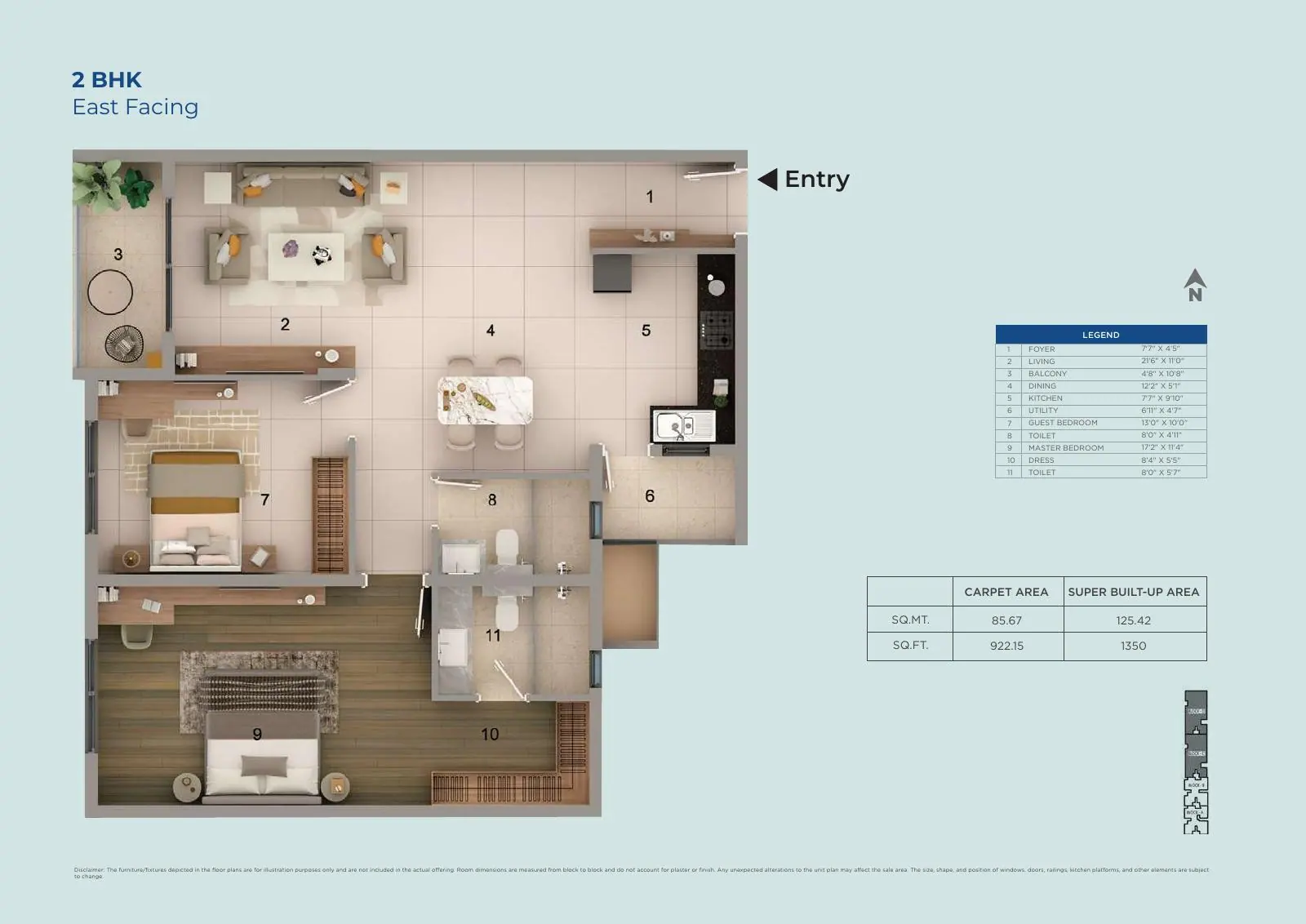 Adarsh Rosewood 3 BHK east-facing unit plan