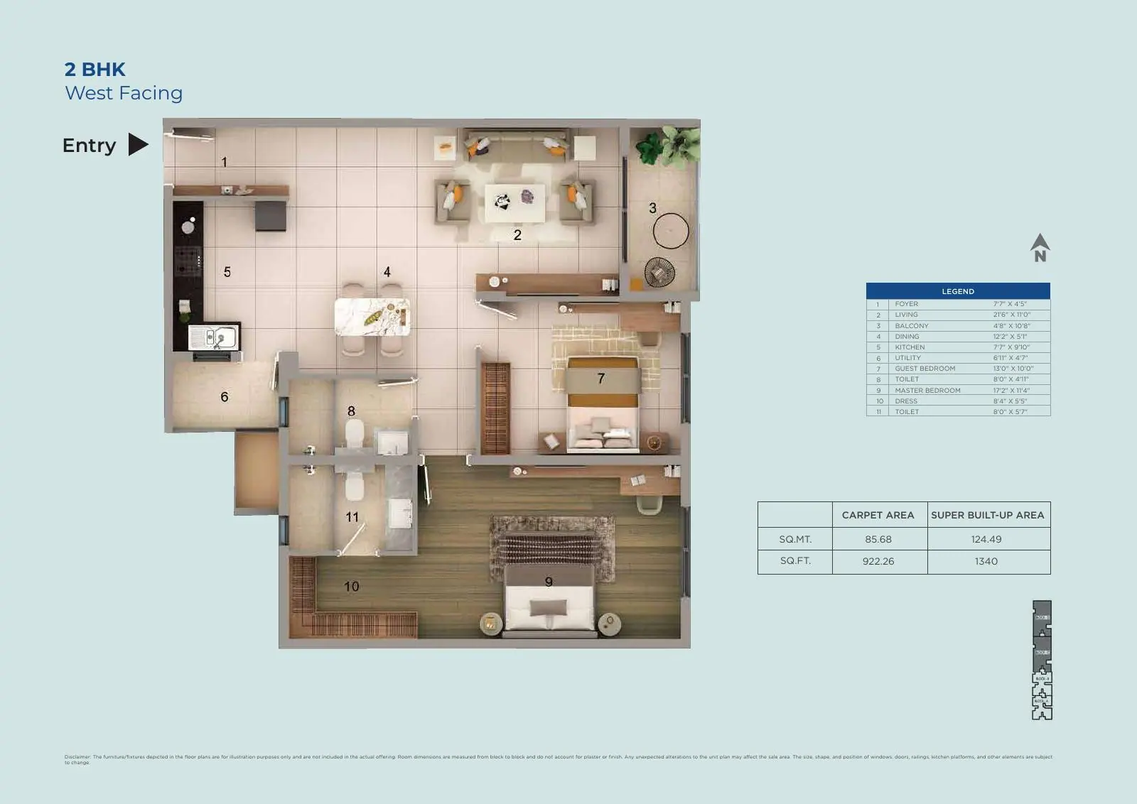 Adarsh Rosewood 3 BHK west-facing unit plan