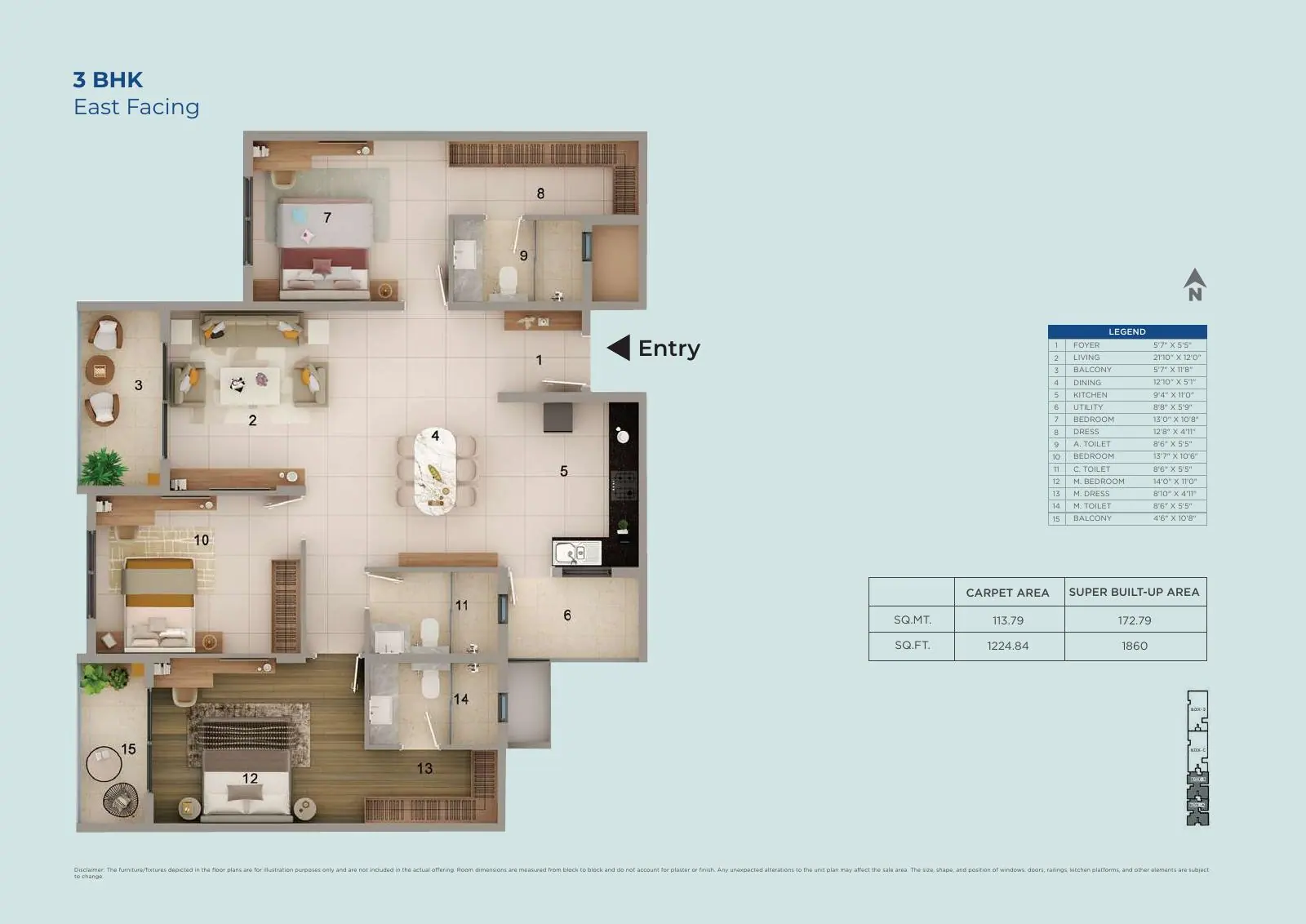 Adarsh Rosewood 2 BHK east-facing unit plan