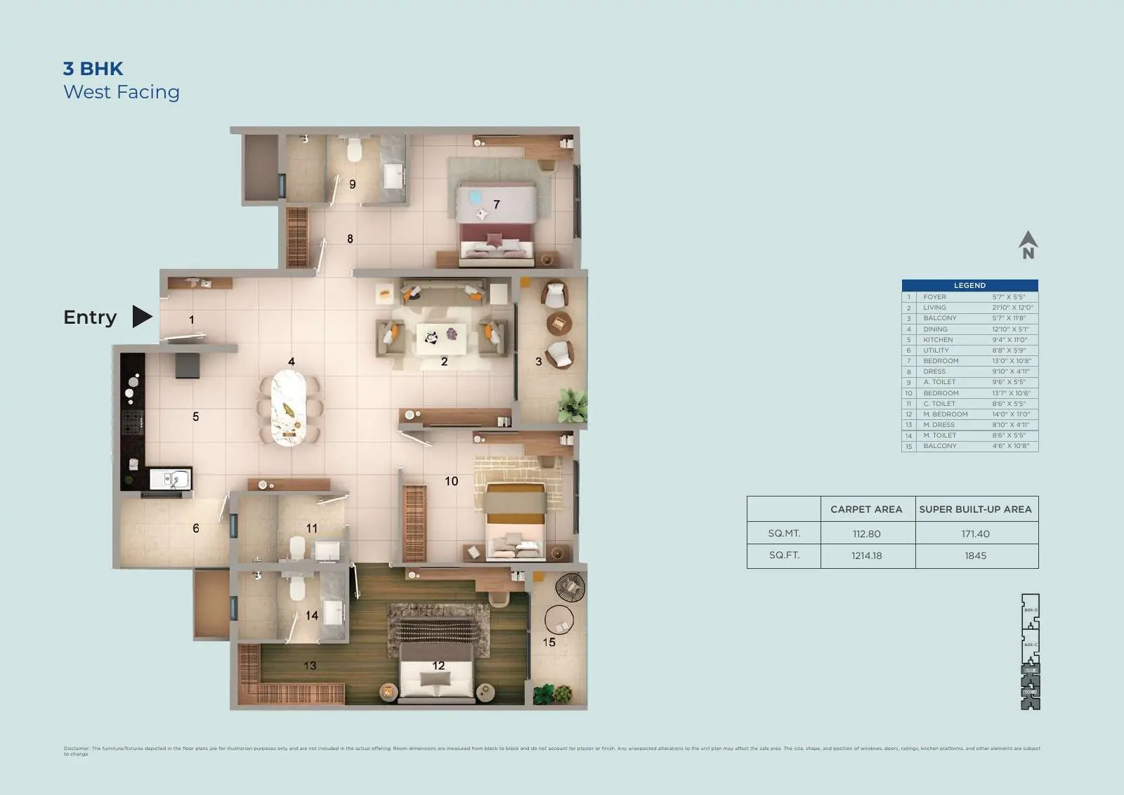 Adarsh Rosewood 2 BHK west-facing unit plan