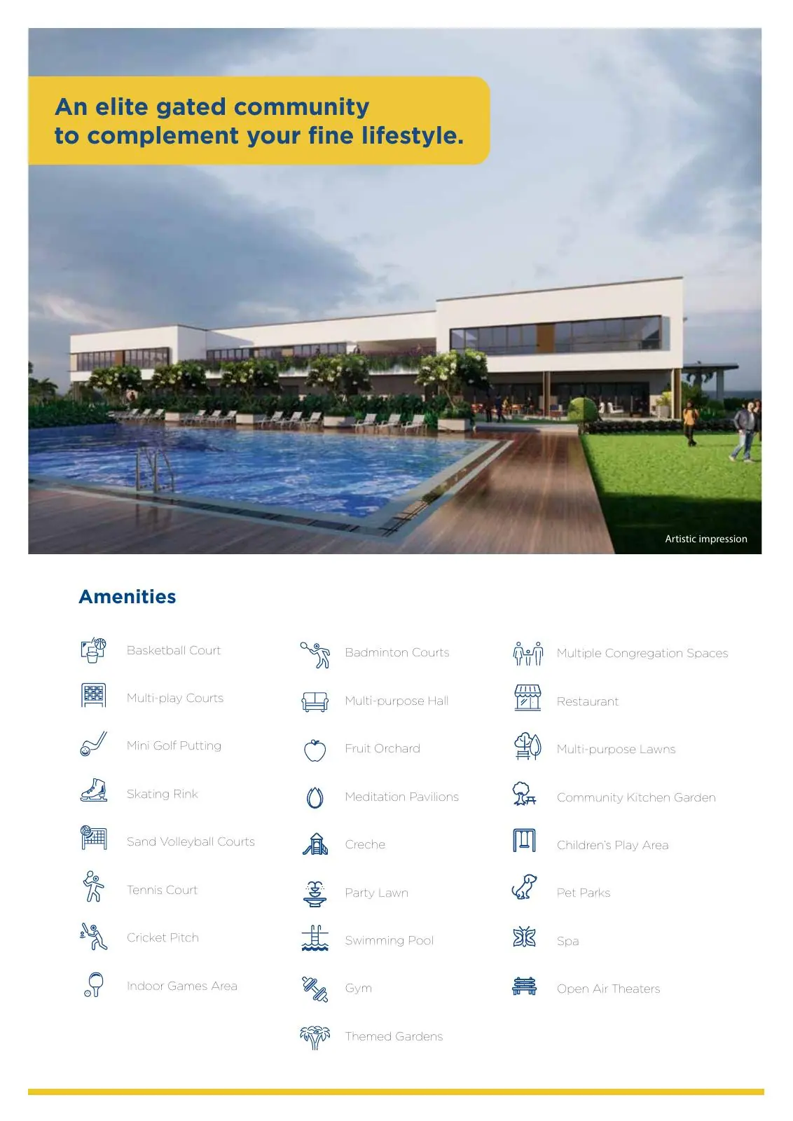 Clubhouse and pool render with amenity list from the Adarsh Savana brochure