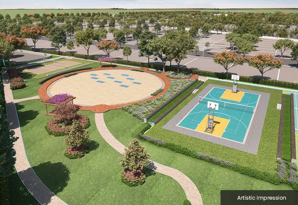 Aerial render of the basketball court and amphitheatre lawn at Adarsh Savana