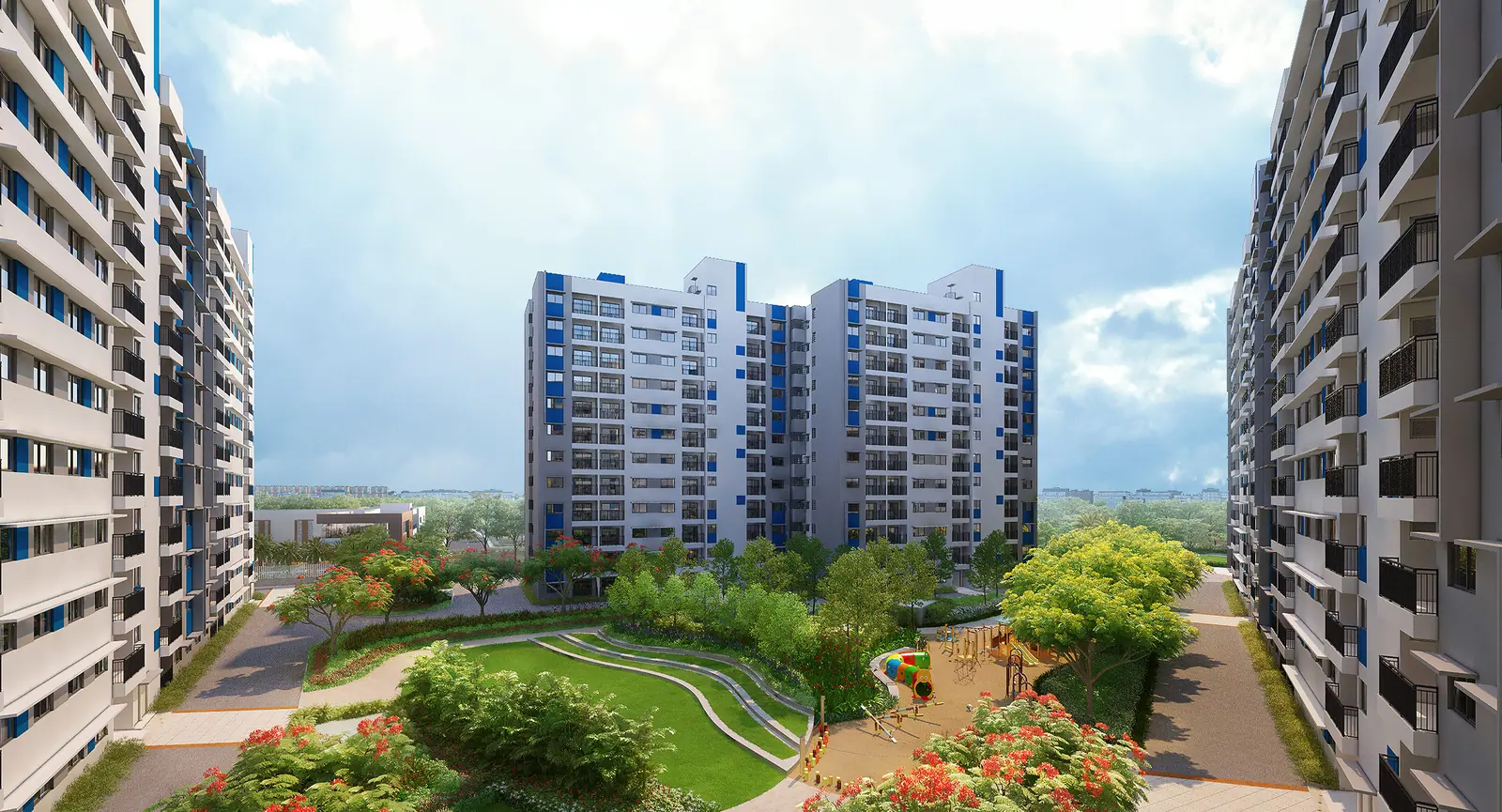 Landscaped courtyard between towers at Adarsh Tropica