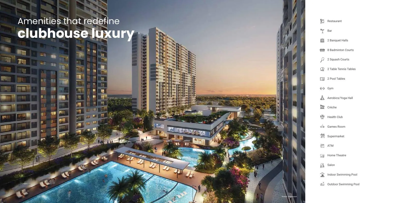 Clubhouse at dusk render at Adarsh Welkin Park